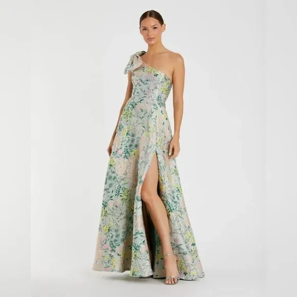 MAC DUGGAL  11919 Multicolor One Shoulder Brocade Floral Dress With Bow - Picture 5 of 16